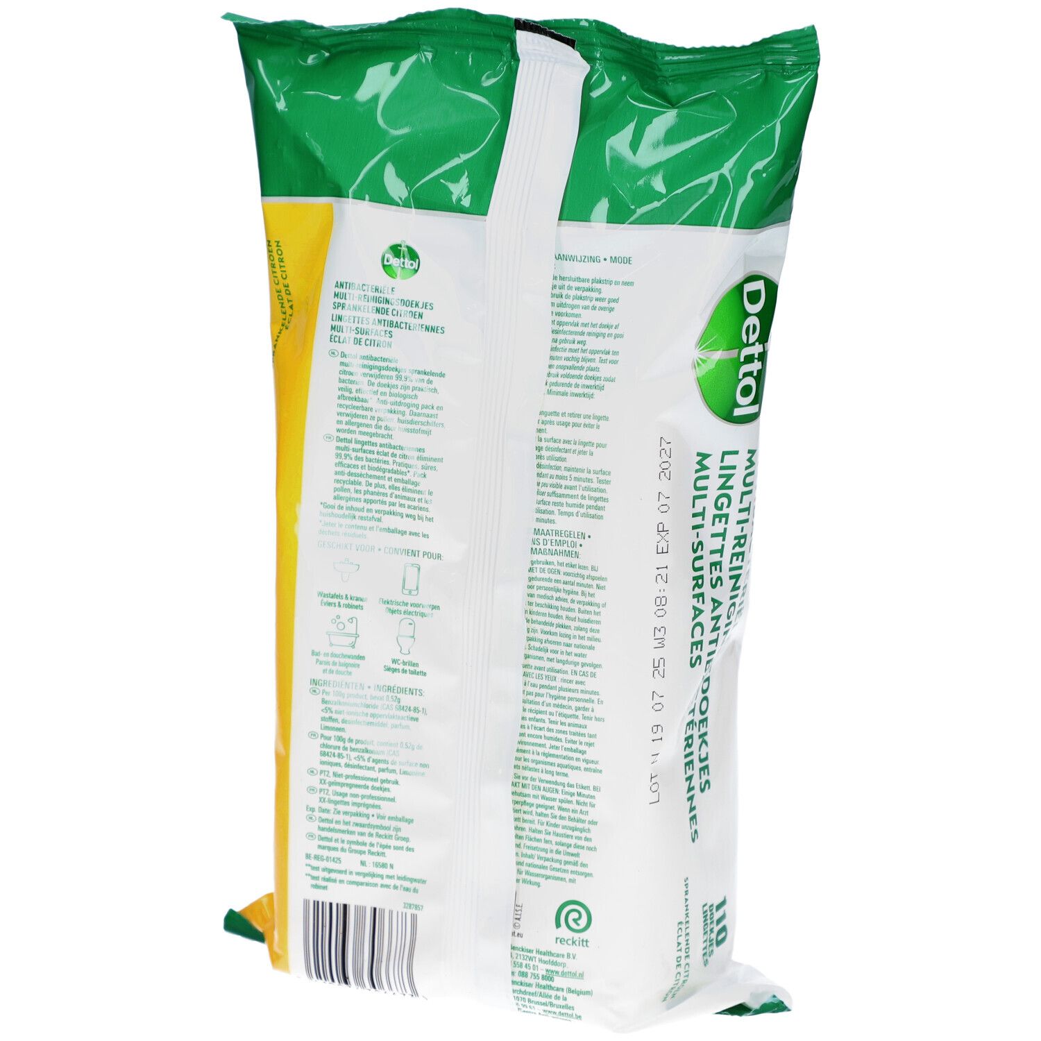 Dos du paquet de lingettes Dettol. Informations textuelles, date de péremption. Emballage vert et jaune. 110 lingettes.