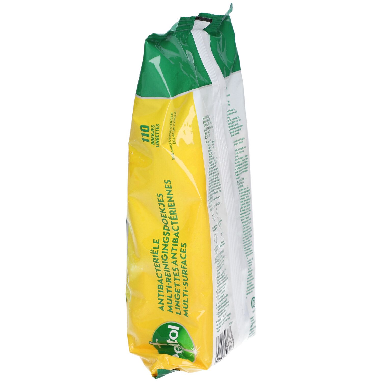 Paquet de lingettes Dettol, 110 pièces. Antibactériennes, multi-surfaces. Emballage vert et jaune. Logo Dettol.