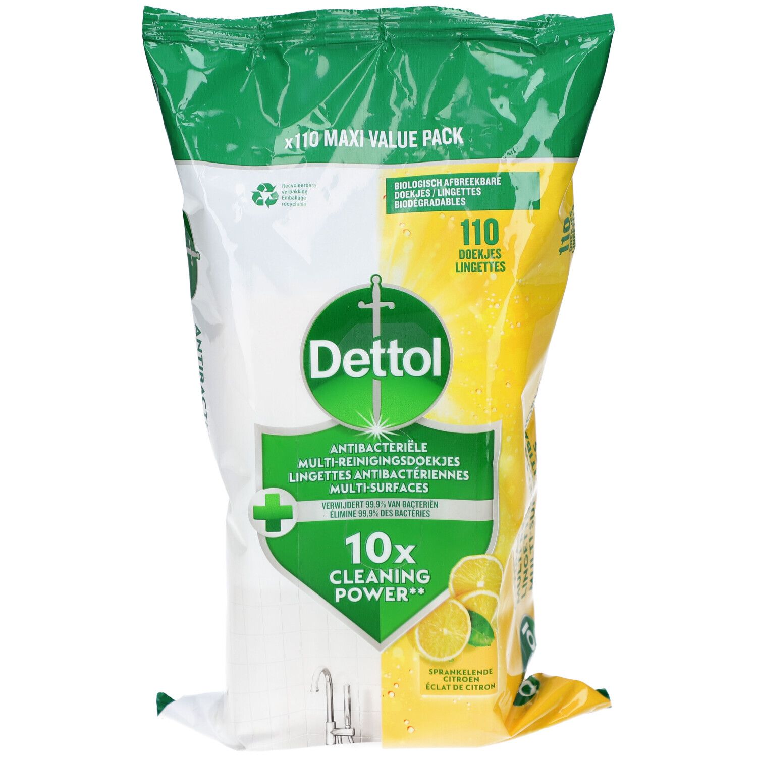 Paquet de 110 lingettes Dettol, Maxi format. Antibactériennes, multi-surfaces. Emballage vert et jaune avec illustration de citrons.