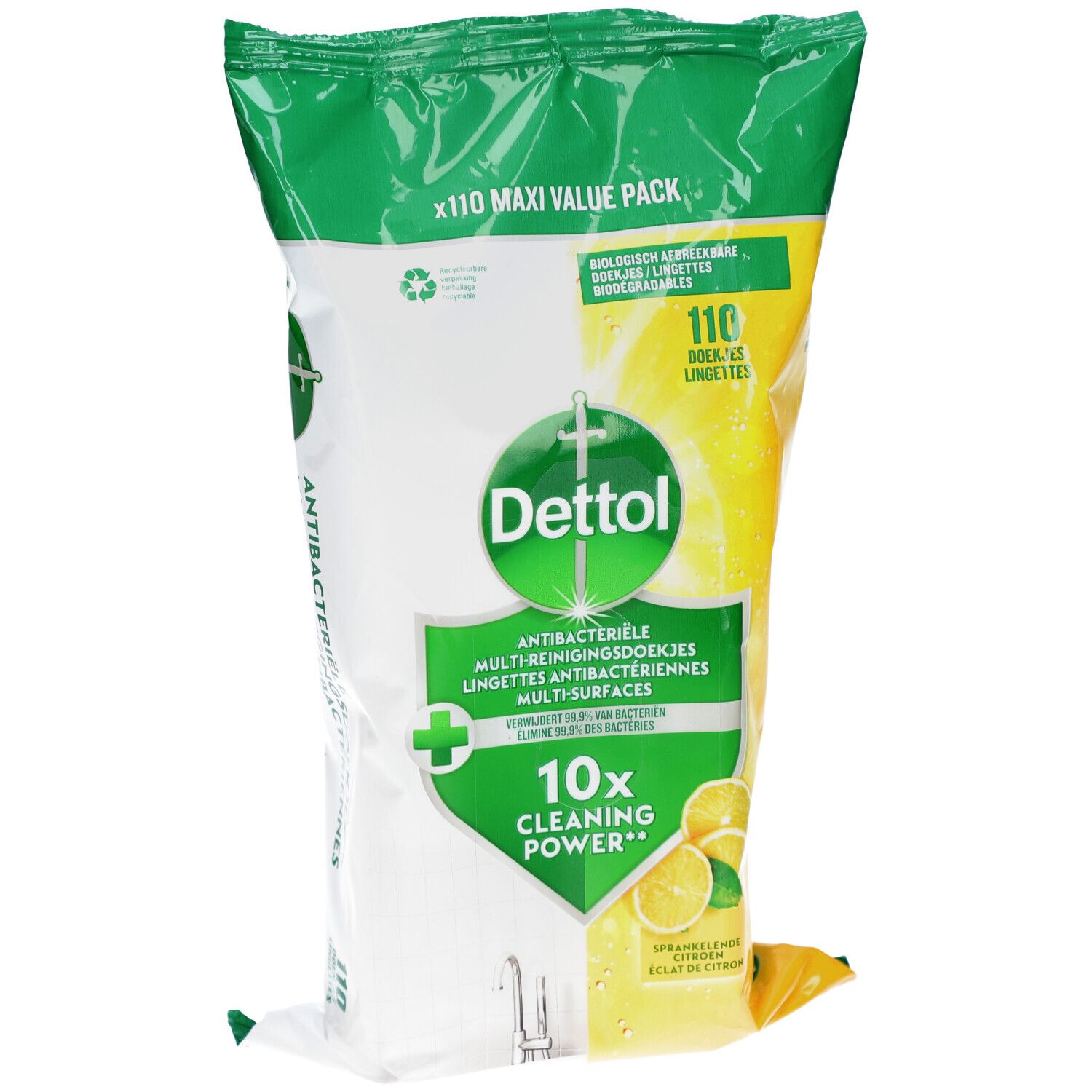 Paquet de 110 lingettes Dettol, Maxi format. Antibactériennes, multi-surfaces. Emballage vert et jaune avec illustration de citrons.