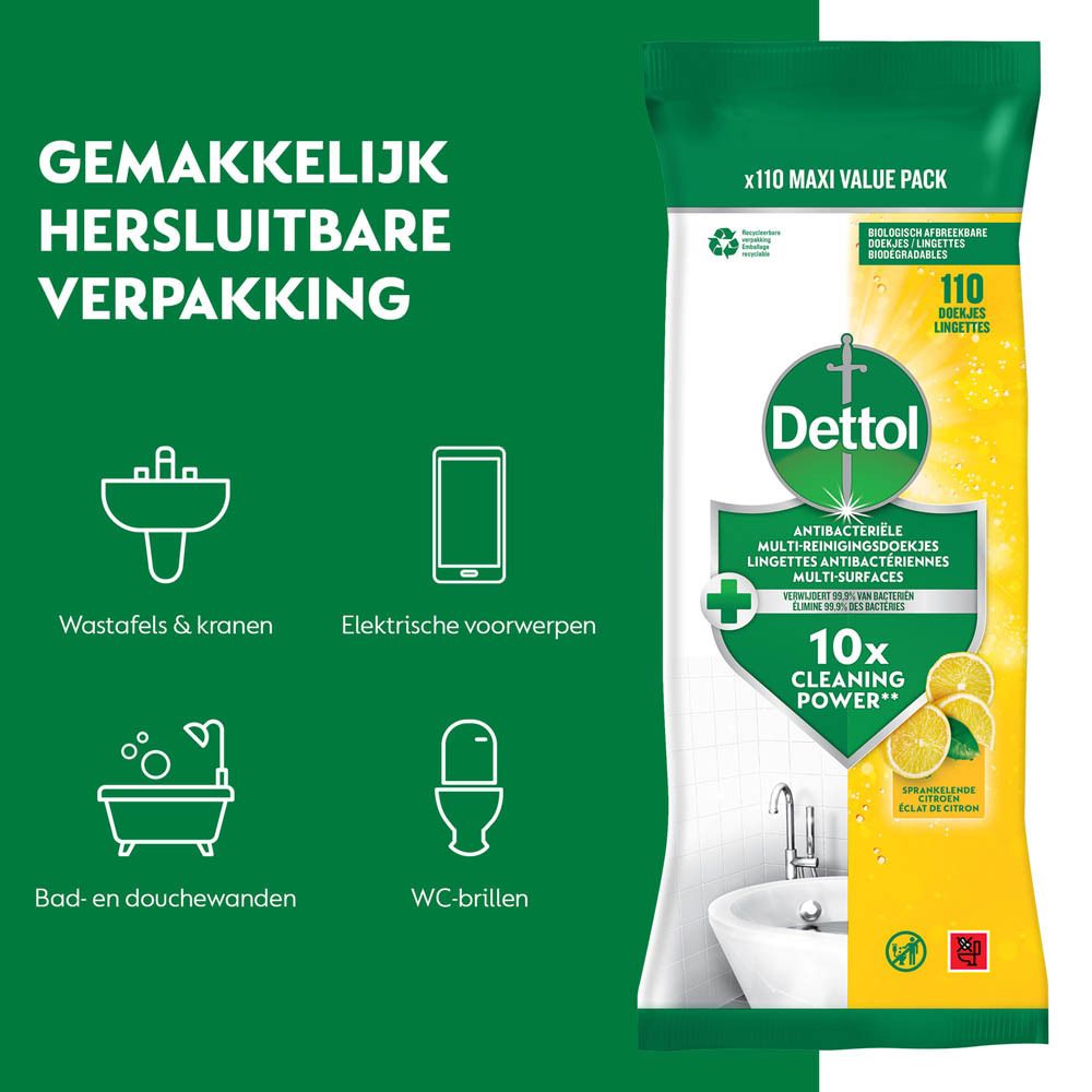 Dettol reinigingsdoekjes verpakking. Antibacteriële doekjes. 110 doekjes. Geelgroene verpakking. Citroen.