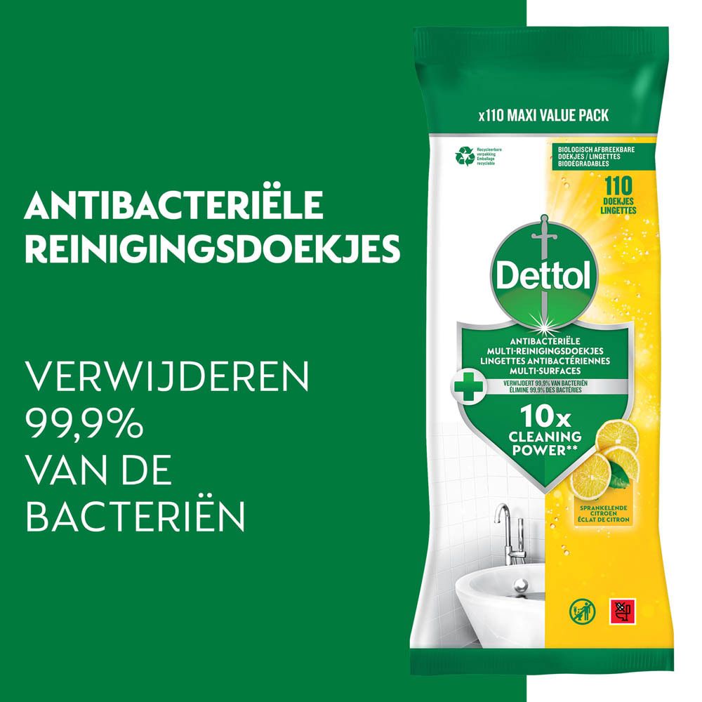 Dettol reinigingsdoekjes verpakking. Antibacteriële doekjes. 110 doekjes. Geelgroene verpakking. Citroen.