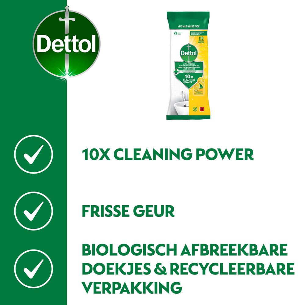 Dettol reinigingsdoekjes verpakking. Antibacteriële doekjes. 110 doekjes. Geelgroene verpakking. Citroen.