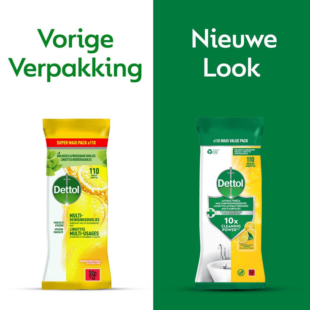 Dettol reinigingsdoekjes verpakking. Antibacteriële doekjes. 110 doekjes. Geelgroene verpakking. Citroen.