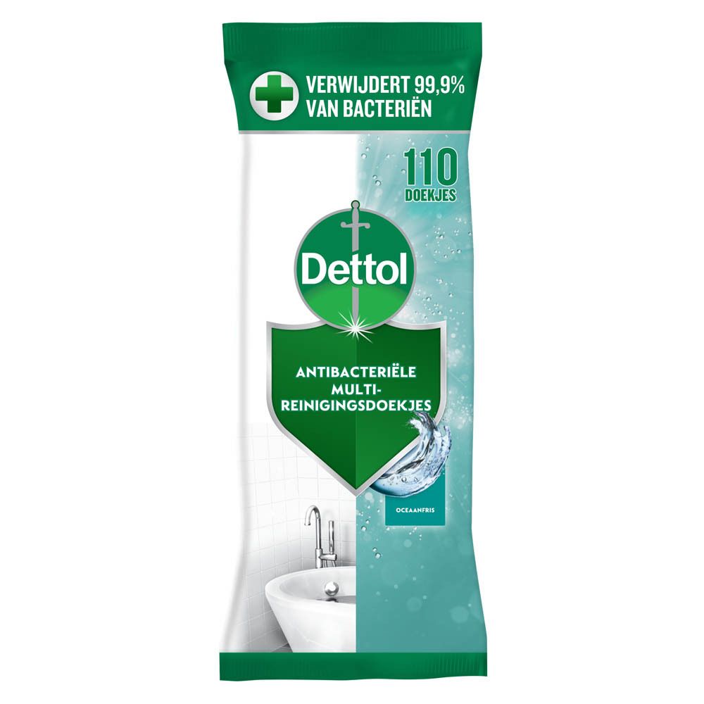 Paquet de lingettes nettoyantes Dettol. Design vert et blanc. Élimine 99,9% des bactéries. Contient 110 lingettes.