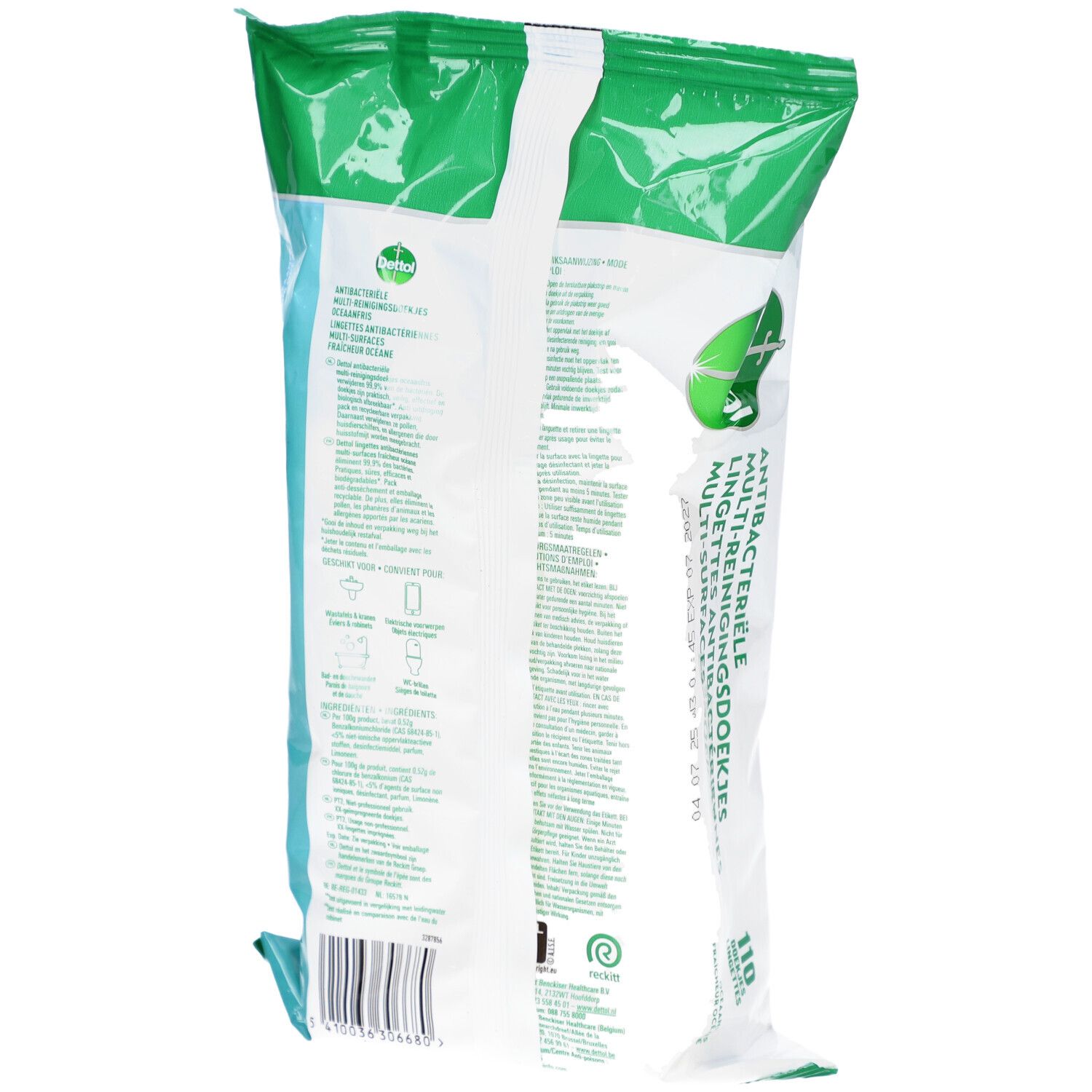 Dos du paquet de lingettes nettoyantes Dettol. Texte et logos sur fond blanc. Accents verts et bleus.