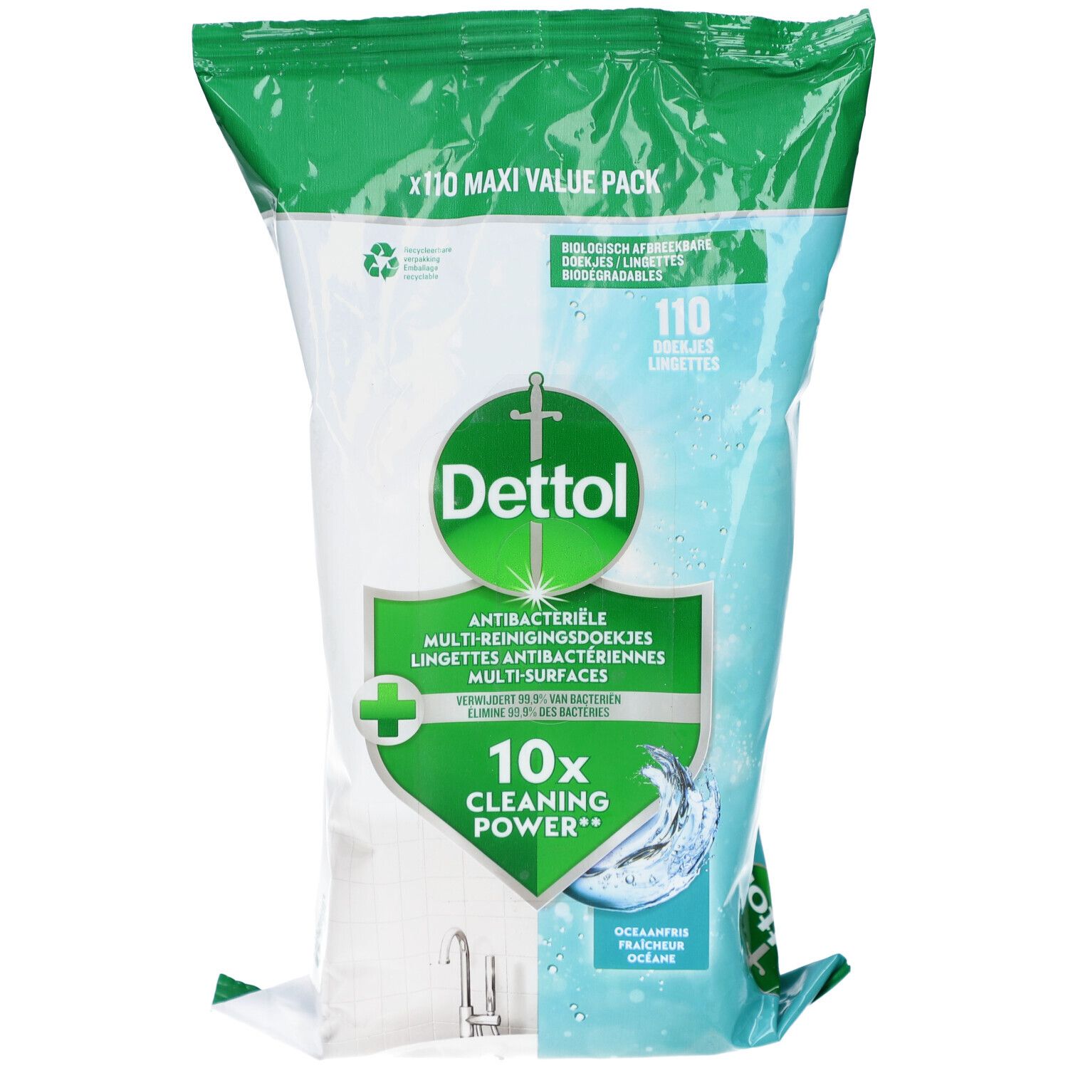 Paquet de lingettes nettoyantes Dettol, 110 lingettes. Antibactérien, multi-surfaces. Emballage vert et blanc avec logo et texte.