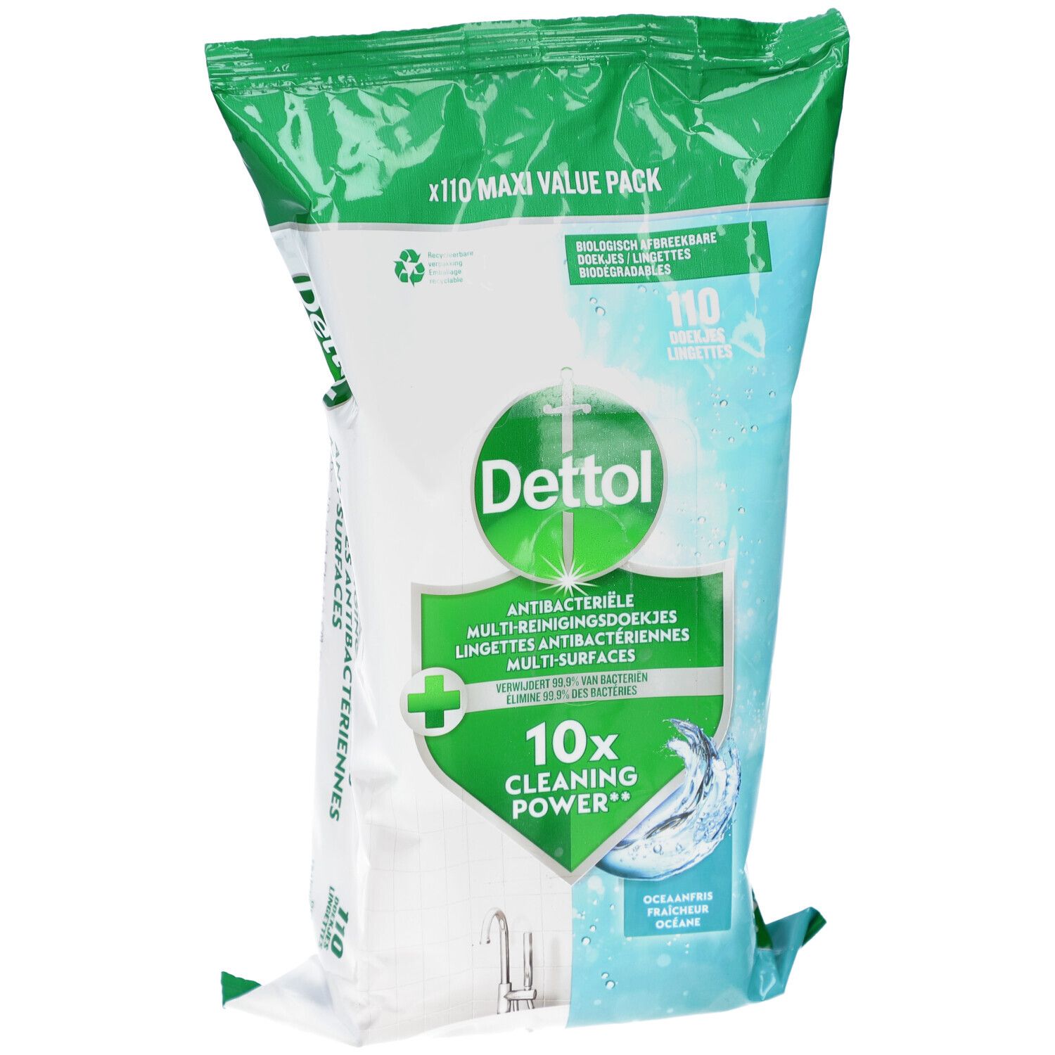 Paquet de lingettes nettoyantes Dettol, 110 lingettes. Antibactérien, multi-surfaces. Emballage vert et blanc avec logo et texte.