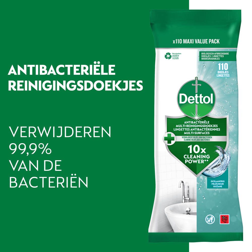 Dettol reinigingsdoekjes verpakking. Groen-wit design. Bevat 110 doekjes. Antibacterieel. Verwijdert bacteriën.