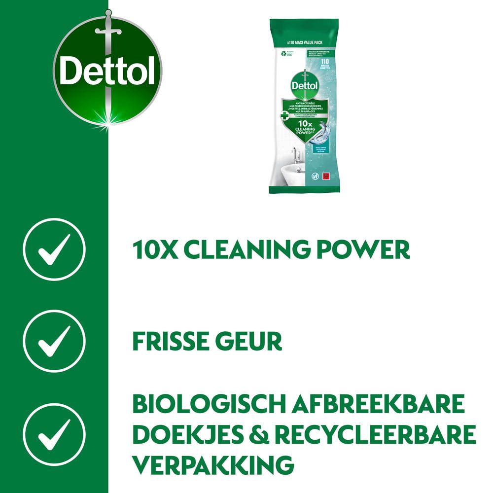 Dettol reinigingsdoekjes verpakking. Groen-wit design. Bevat 110 doekjes. Antibacterieel. Verwijdert bacteriën.
