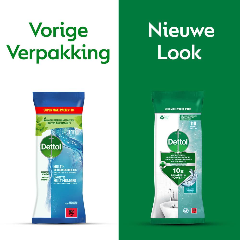 Dettol reinigingsdoekjes verpakking. Groen-wit design. Bevat 110 doekjes. Antibacterieel. Maxi Value Pack.