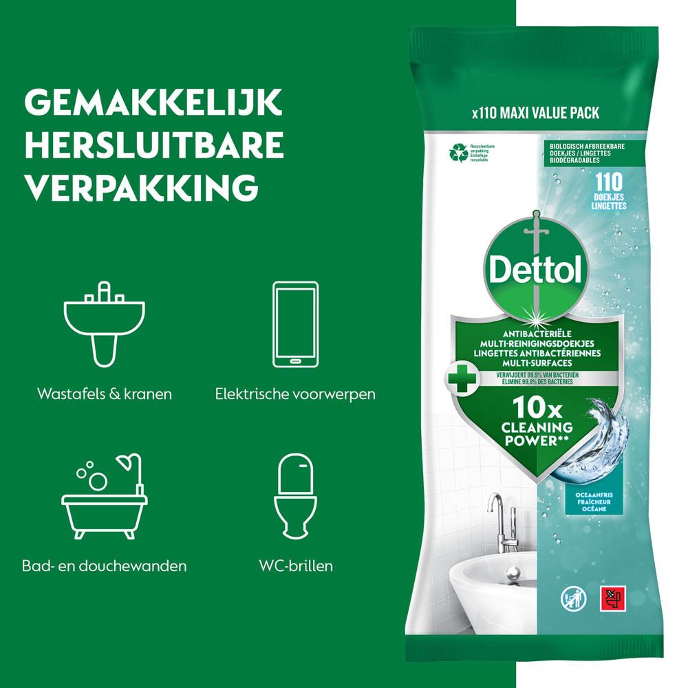 Dettol reinigingsdoekjes verpakking. Groen-wit design. Bevat 110 doekjes. Antibacterieel. Maxi Value Pack.