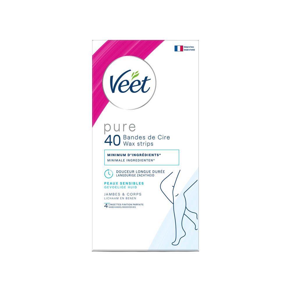 Veet Pure verpakking. 40 Wax strips. Minimale ingrediënten. Voor lichaam & benen. Hypoallergeen.