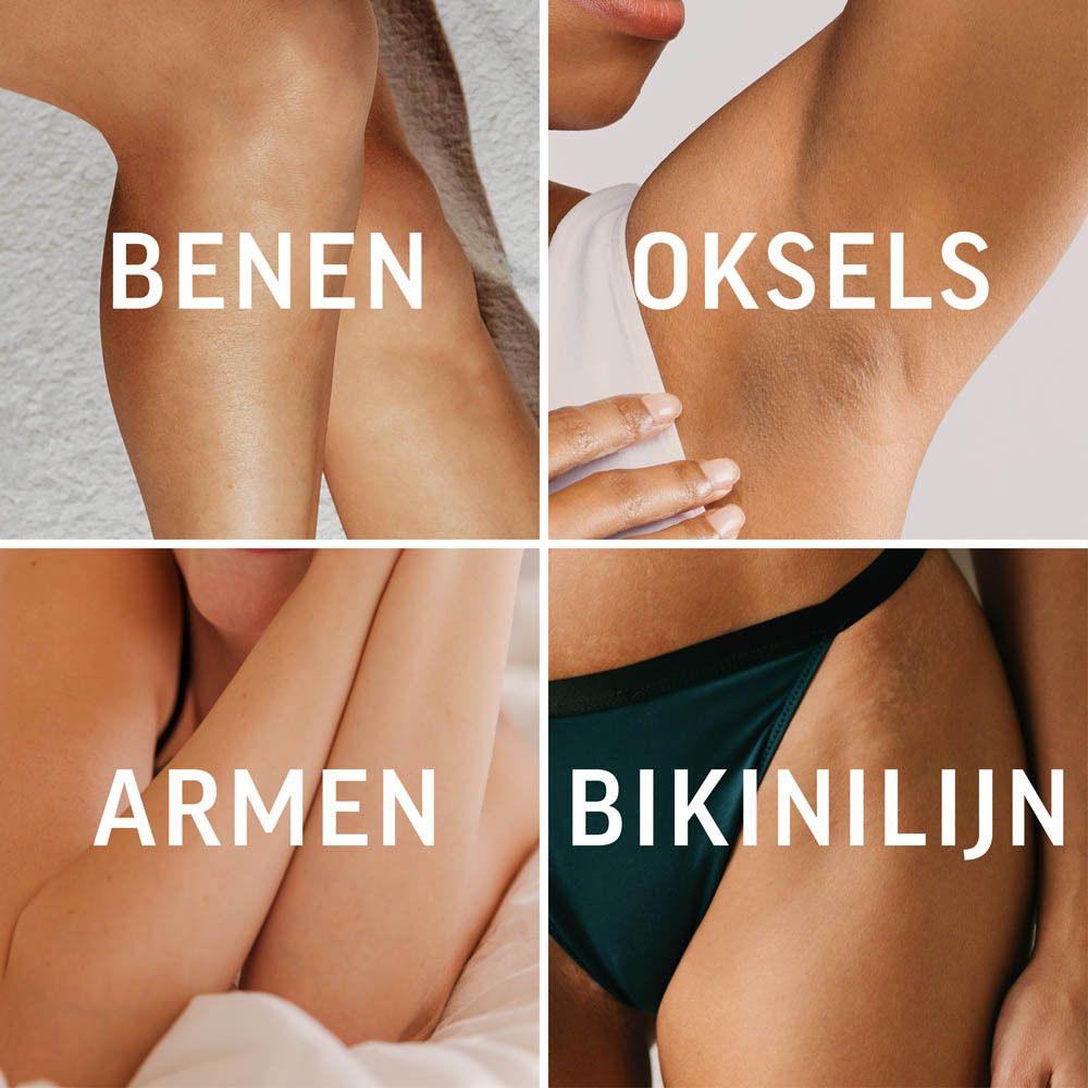Illustraties: gebieden voor ontharing: benen, oksels, armen, bikinilijn.
