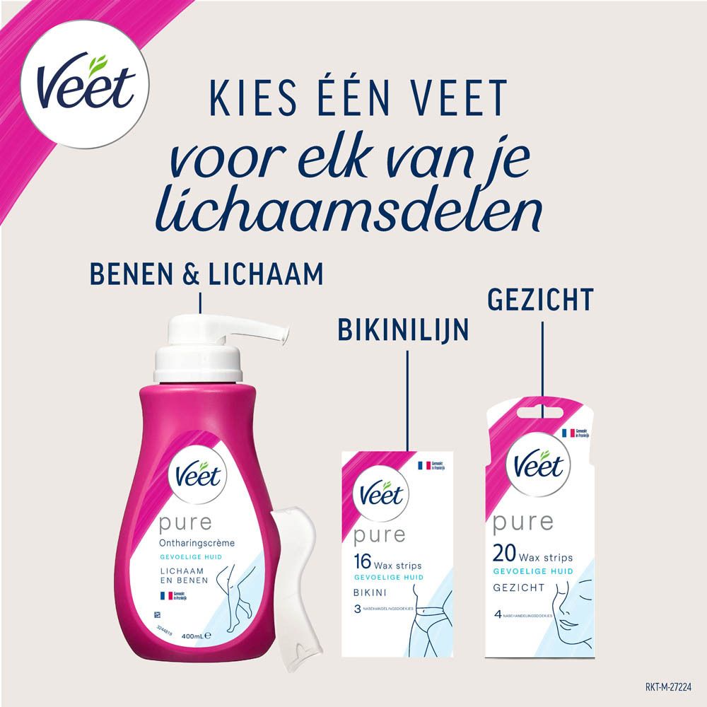 Veet producten: ontharingscrème, wax strips voor bikinilijn en gezicht.