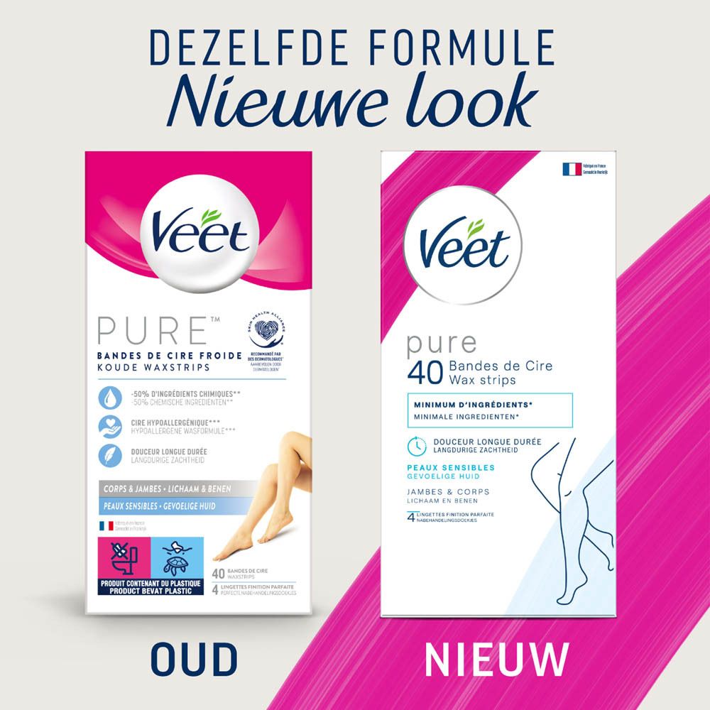 Vergelijking: oude en nieuwe Veet Pure verpakkingen. Zelfde formule, nieuwe look.