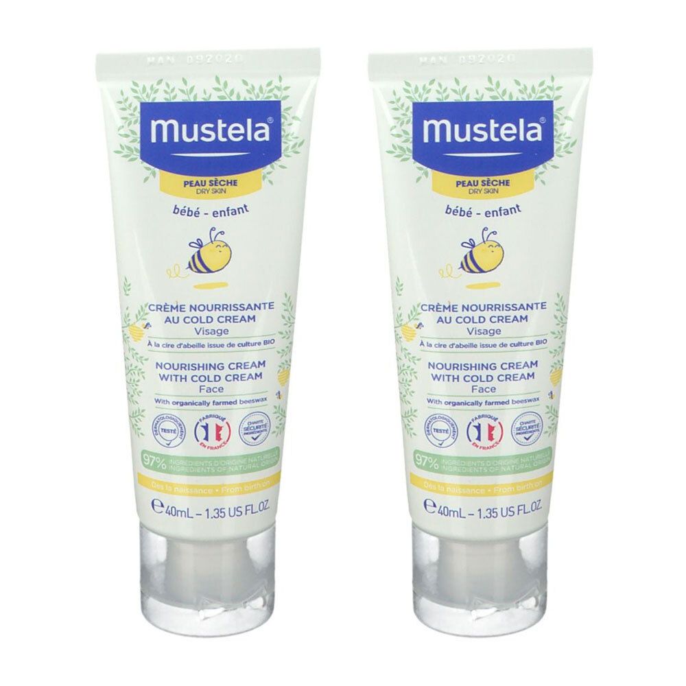 Deux tubes de crème pour le visage Mustela Cold Cream. Tubes blancs avec texte bleu et jaune. Crème Nourrissante, Cold Cream.
