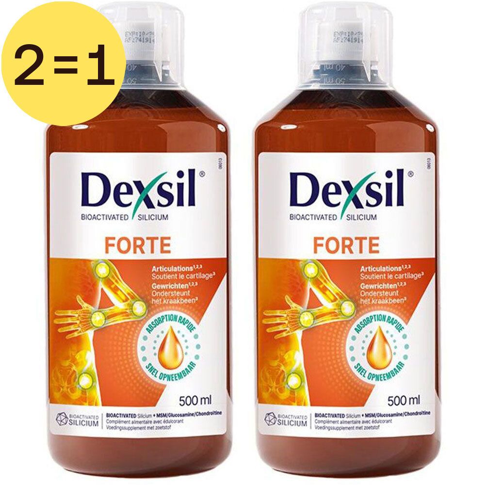 Twee flessen Dexsil Forte. Opschrift: Bioactivated Silicium, Forte. 500 ml. Geel etiket met gewrichtsillustratie. 2=1.
