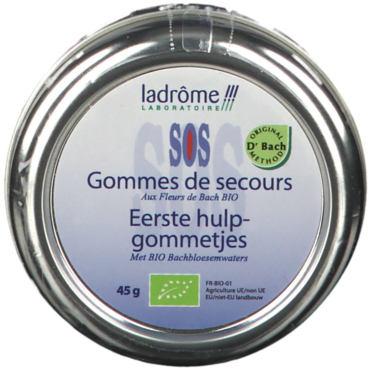 Ronde doos 'ladrôme SOS Gommes de secours'. Bio-certificering, 45g. Tekst in Frans en Nederlands.
