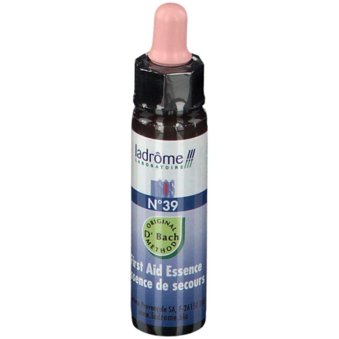 Bruine glazen fles met roze pipet. Etiket met tekst: Ladrôme, Nr. 39, Original Bach Method, First Aid Essence.