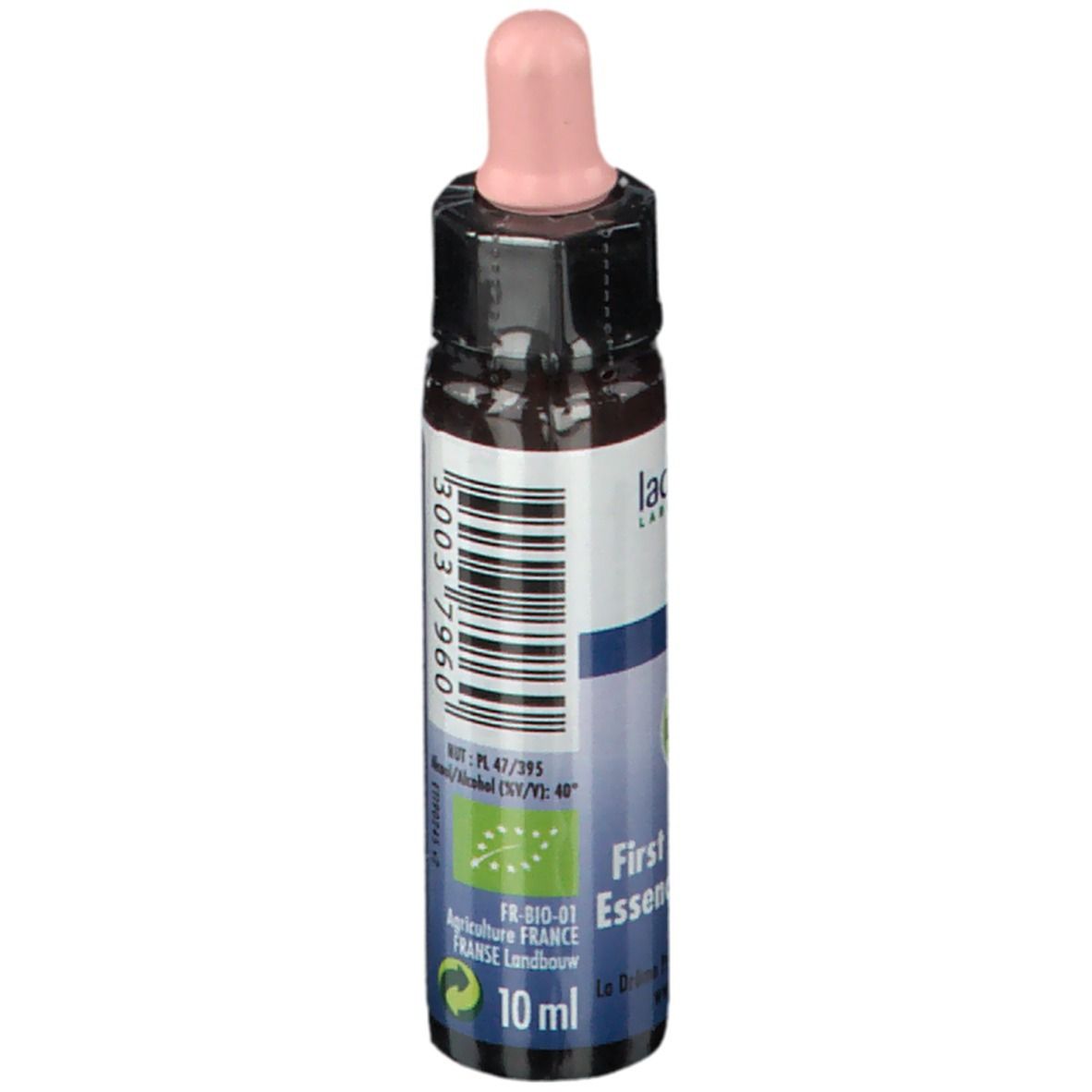 Bruine glazen fles met roze pipet. Etiket met tekst: Ladrôme, Bio, 10 ml, First Aid Essence. Streepjescode.