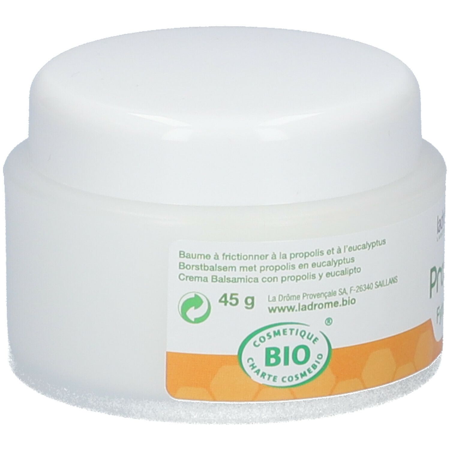 Pot blanc avec couvercle. Étiquette avec texte et logo bio vert. Inscription : 45 g.