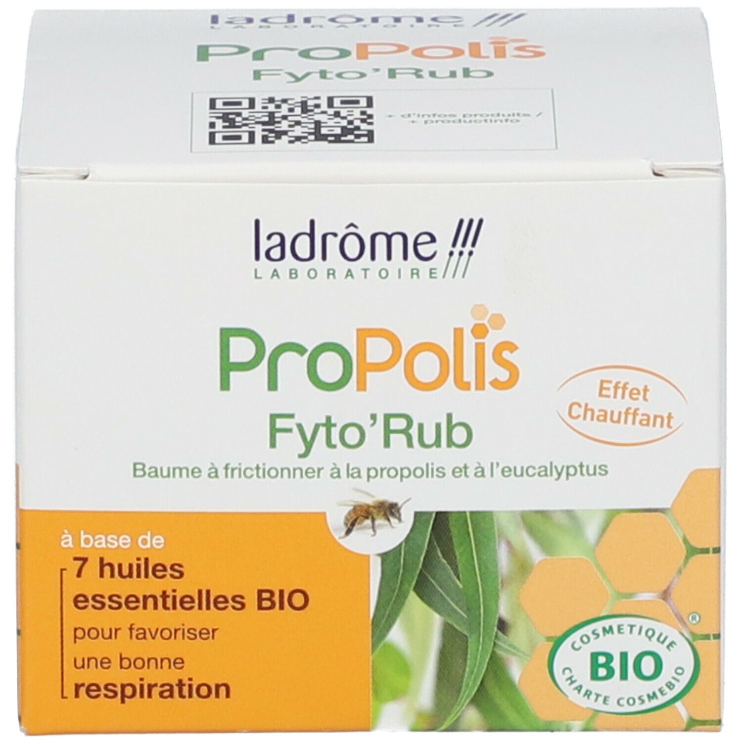 Emballage du produit. Nom du produit : Propolis Fyto'Rub. Marque : Ladrôme. Label bio. Contient 7 huiles essentielles.