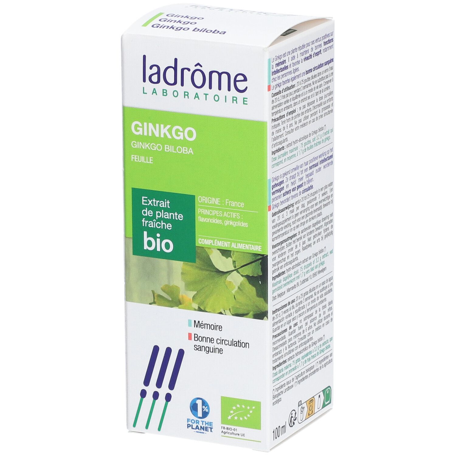Doosje Ginkgo-extract. Merk Ladrôme. Bio-certificering. Tekst: Ginkgo biloba, Extrait de plante fraîche bio.