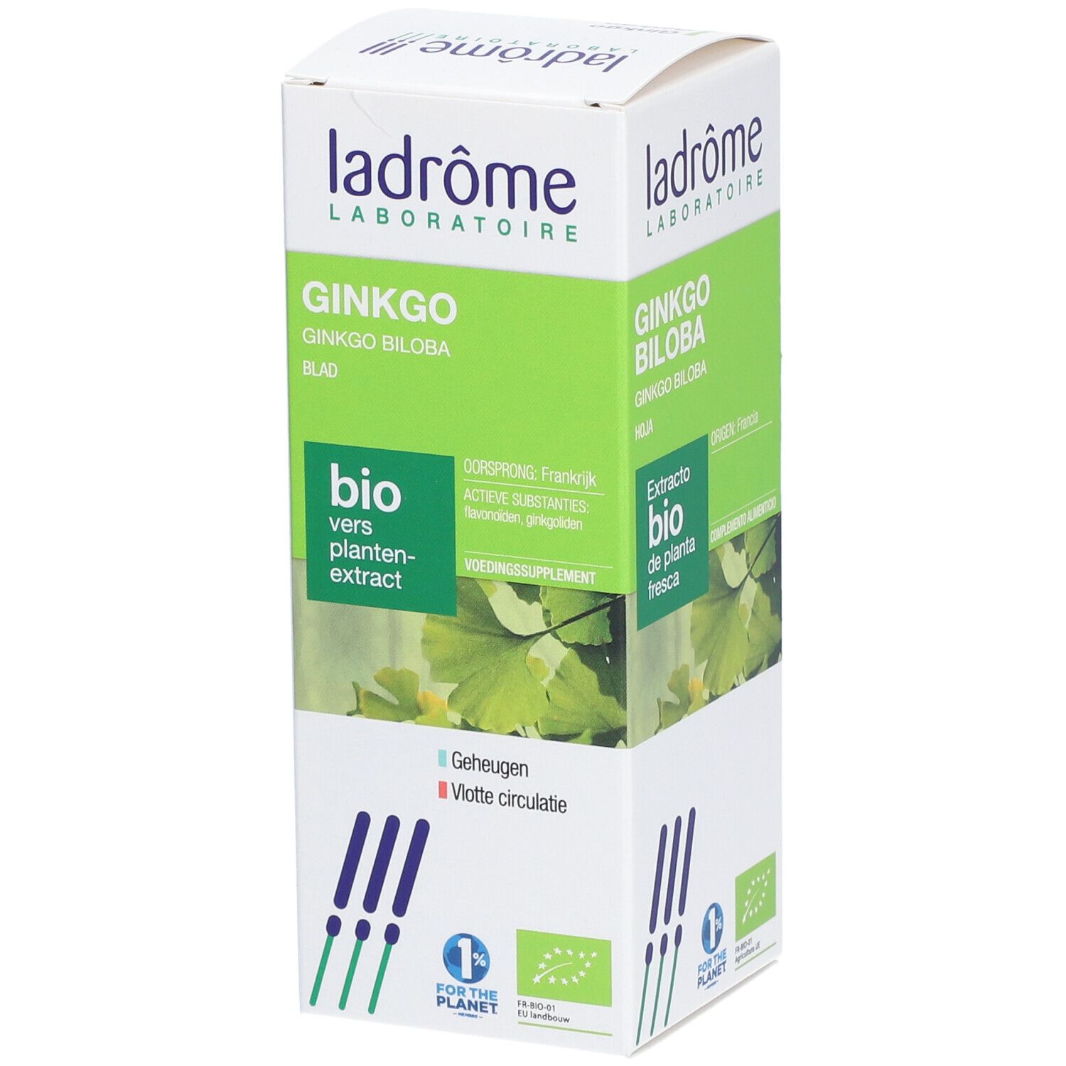 Doosje Ginkgo-extract. Merk Ladrôme. Bio-certificering. Tekst: Ginkgo biloba, Extrait de plante fraîche bio.