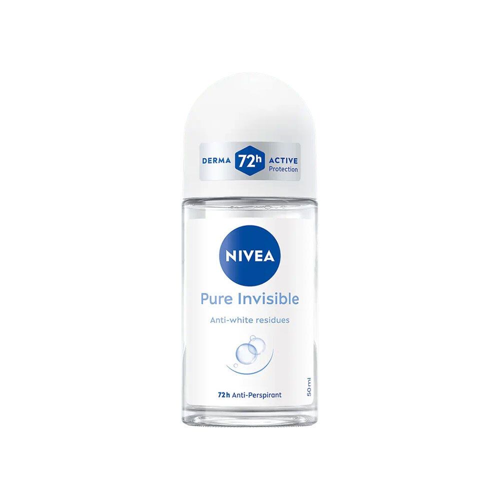 NIVEA Pure Invisible roll-on. Transparante fles met witte dop. Opschrift: 72h Anti-Perspirant, Derma Protection.