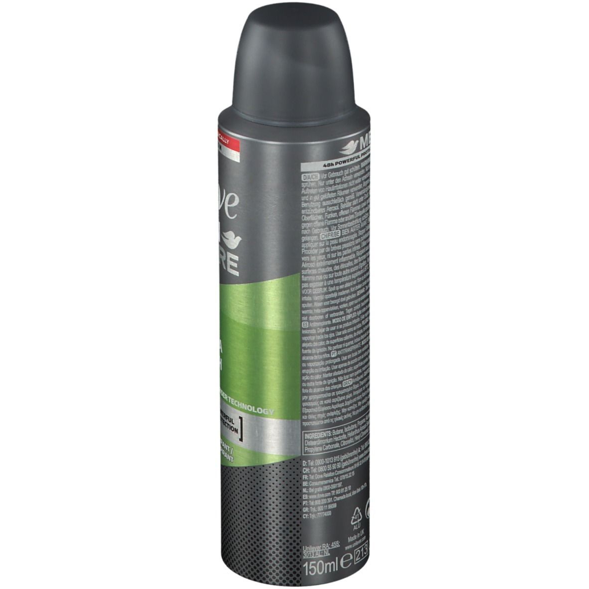 Bombe de déodorant grise et noire. Dove MEN+CARE Extra Fresh. Accents verts. 150ml.