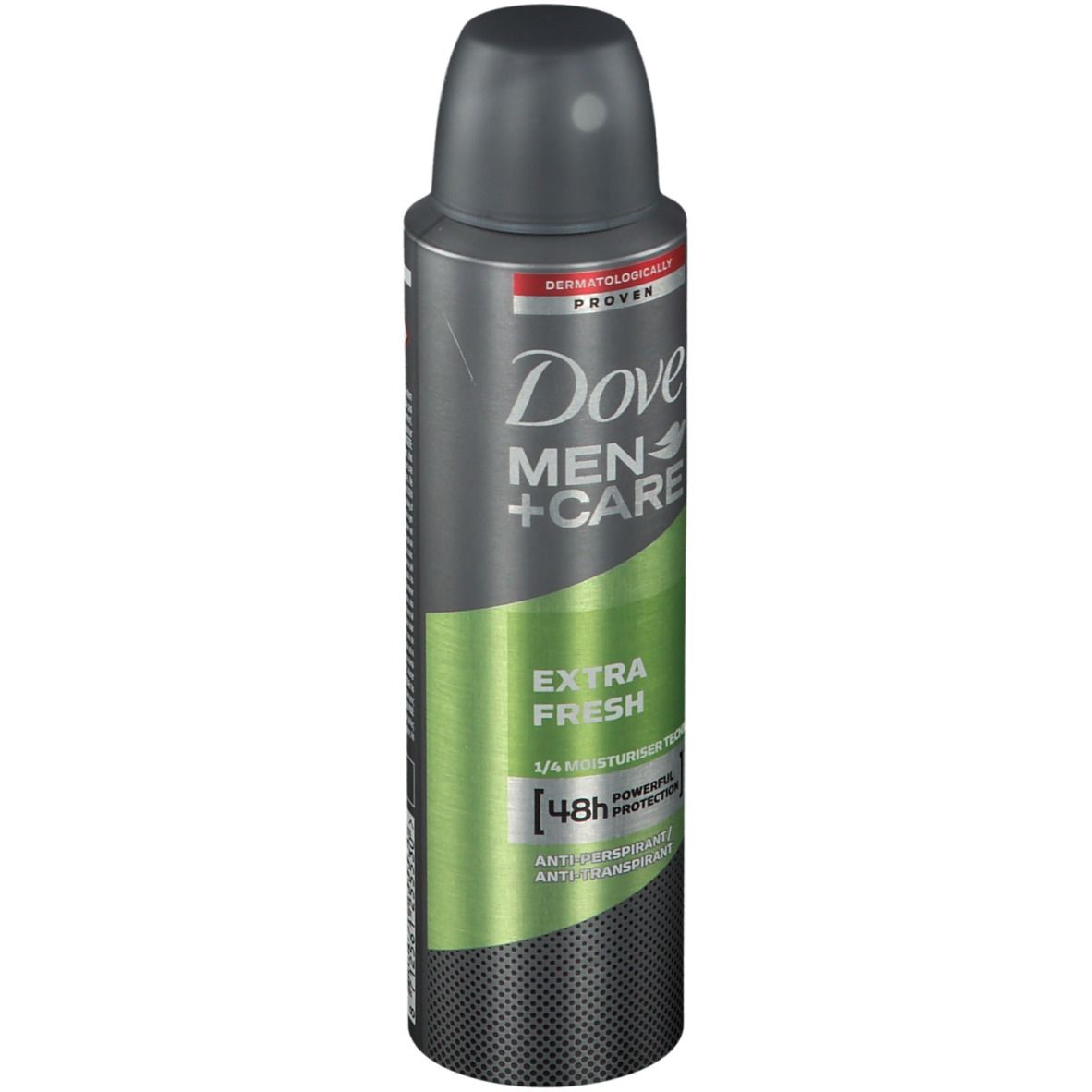 Bombe de déodorant grise et noire. Dove MEN+CARE Extra Fresh. Accents verts. Protection 48h.