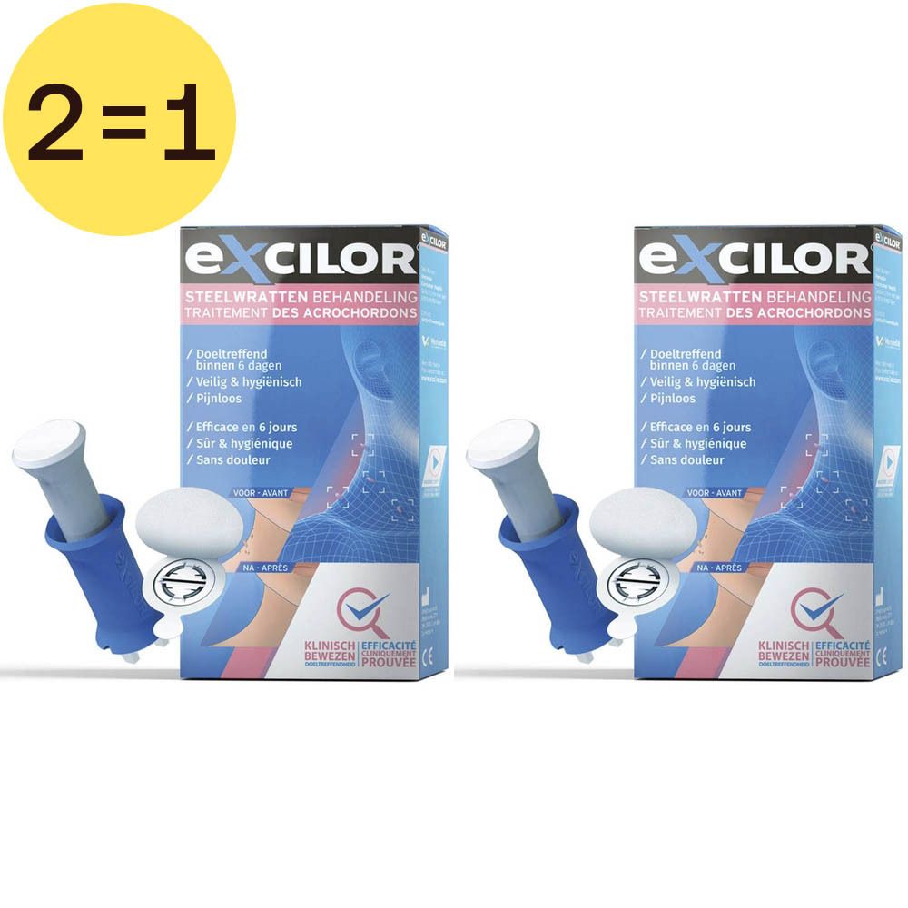 Deux boîtes Excilor® pour le traitement des acrochordons. Applicateurs bleus et emballage avec informations produit.
