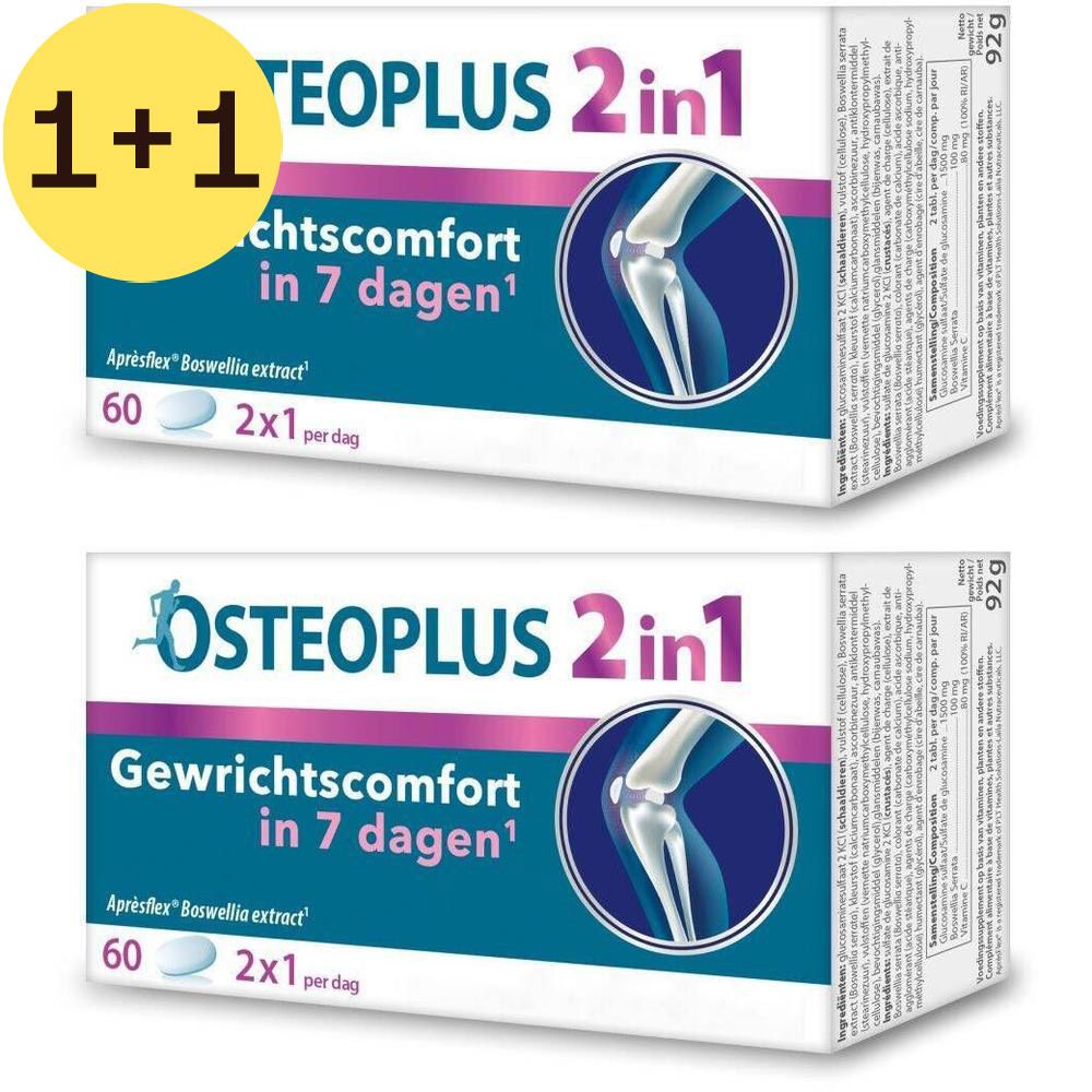 Twee dozen Osteoplus 2in1. Opschrift: Gewrichtscomfort in 7 dagen. 60 tabletten, 2x1 per dag.