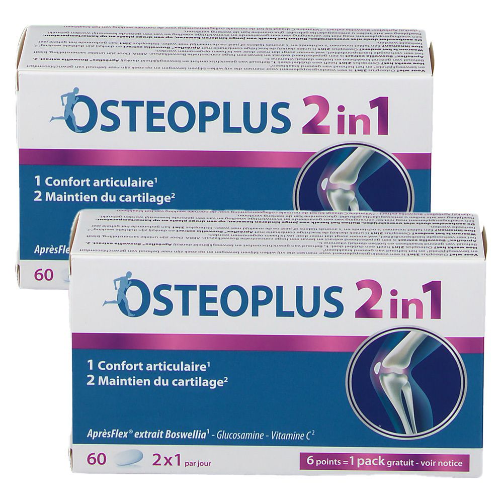 Twee dozen Osteoplus 2in1. Opschrift: 1 Gewrichtscomfort, 2 Behoud van kraakbeen. 60 tabletten, 2x1 per dag.