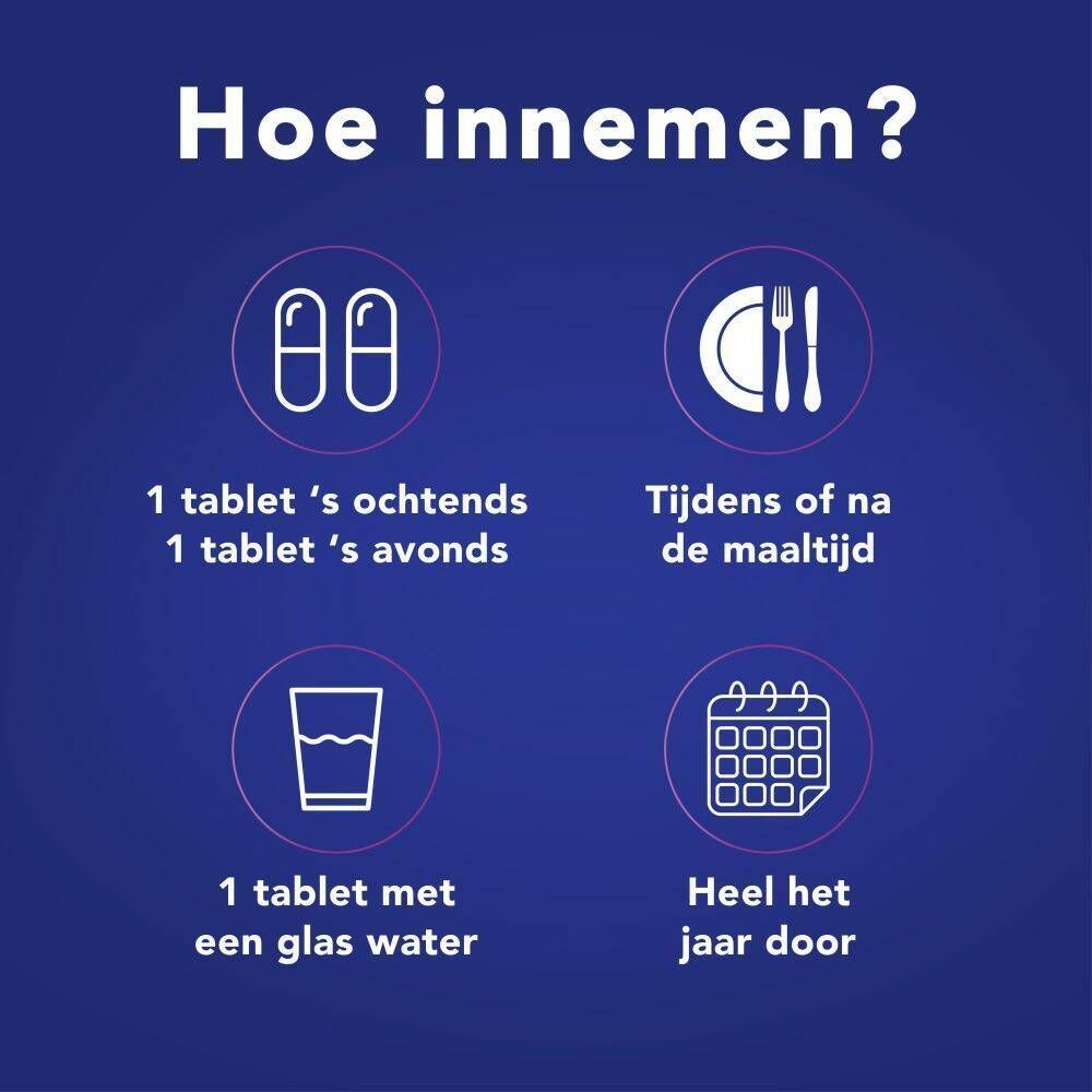 Gebruiksaanwijzing: 2 tabletten, ochtends en avonds, met water, tijdens de maaltijd, het hele jaar door.