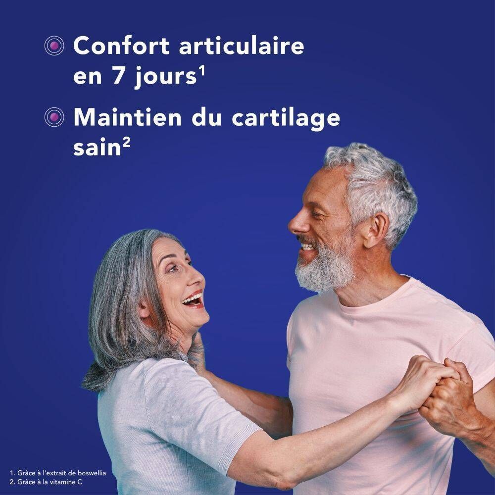 Couple âgé dansant. Texte: Confort articulaire en 7 jours, Maintien du cartilage sain.