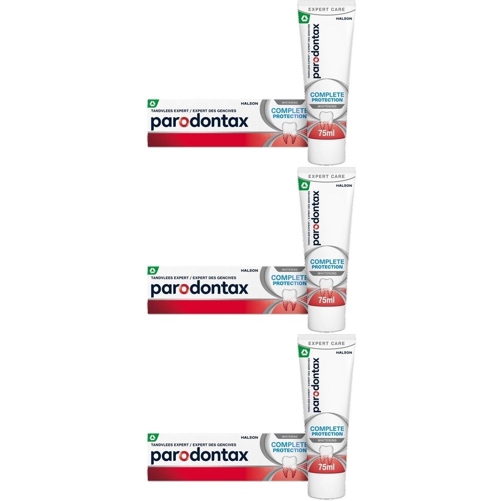 Meerdere tubes parodontax Complete Protection tandpasta. Witte tubes met rode en groene tekst. 75ml.
