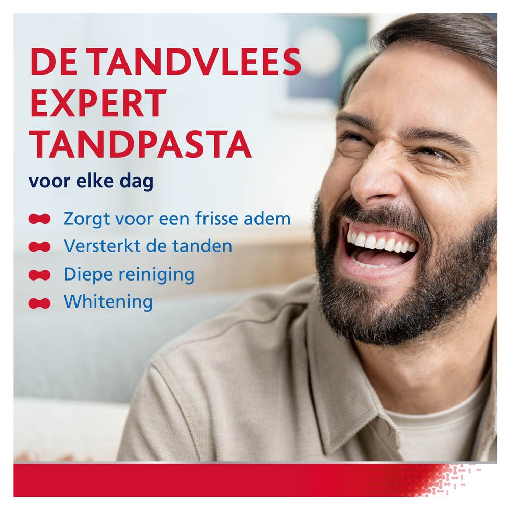 Man lacht. Tekst: De tandvlees expert tandpasta voor elke dag. Voordelen: frisse adem, etc.