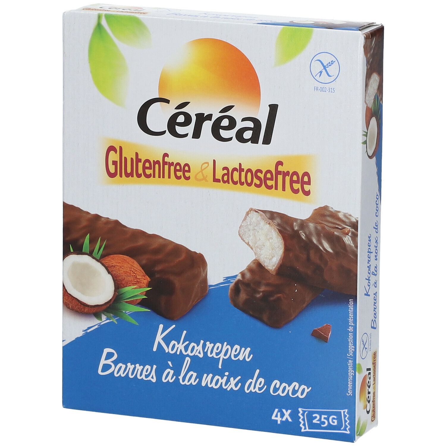Verpakking Céréal kokosrepen. Glutenvrij & lactosevrij. 4 repen van 25g. Afbeelding van kokosnoot.