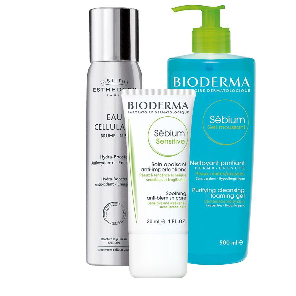 Trois produits cosmétiques : flacon spray, tube et flacon. Inscriptions : BIODERMA, Sébium Sensitive, Institut Esthederm.