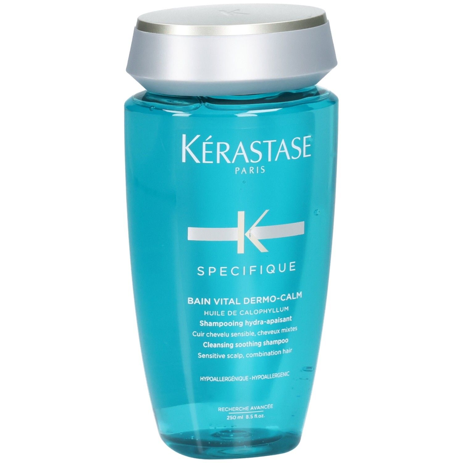 Kérastase Bain Vital Dermo-Calm Shampoo, 250ml, flacon bleu avec bouchon argenté.