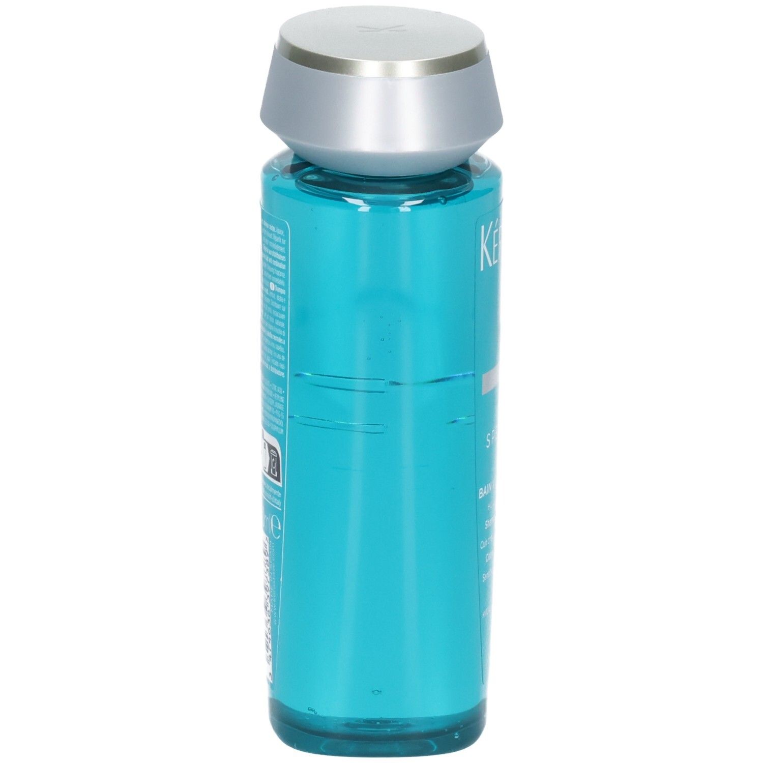 Kérastase Bain Vital Dermo-Calm Shampoo, vue latérale du flacon bleu avec bouchon argenté.