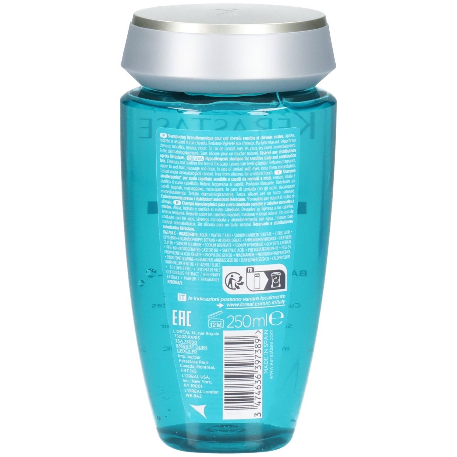 Arrière du flacon Kérastase Bain Vital Dermo-Calm Shampoo avec étiquette et code-barres, 250ml.