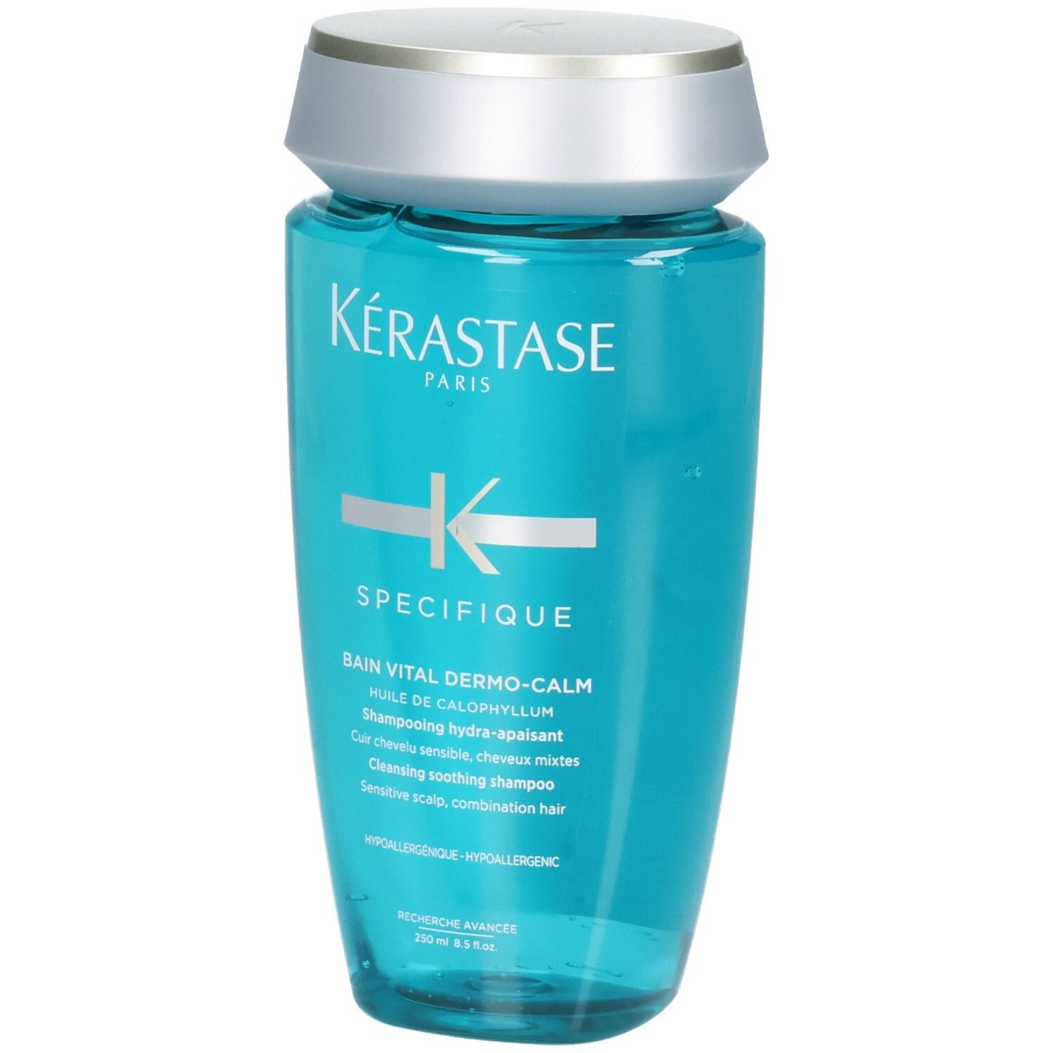 Kérastase Bain Vital Dermo-Calm Shampoo, 250ml, flacon bleu avec bouchon argenté.