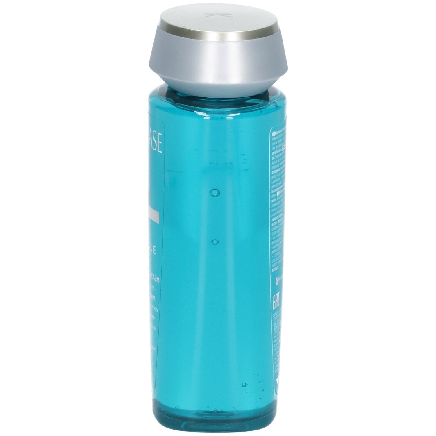 Kérastase Bain Vital Dermo-Calm Shampoo, vue latérale du flacon bleu avec bouchon argenté.
