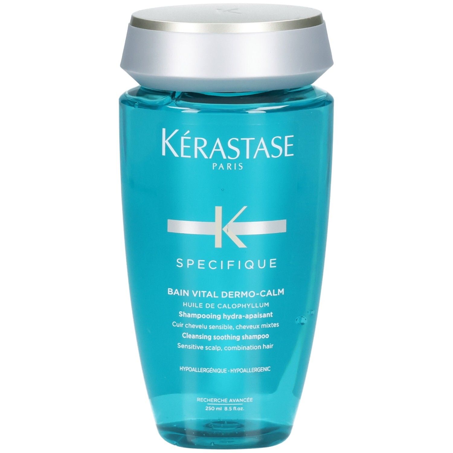 Kérastase Bain Vital Dermo-Calm Shampoo, 250ml, flacon bleu avec bouchon argenté.