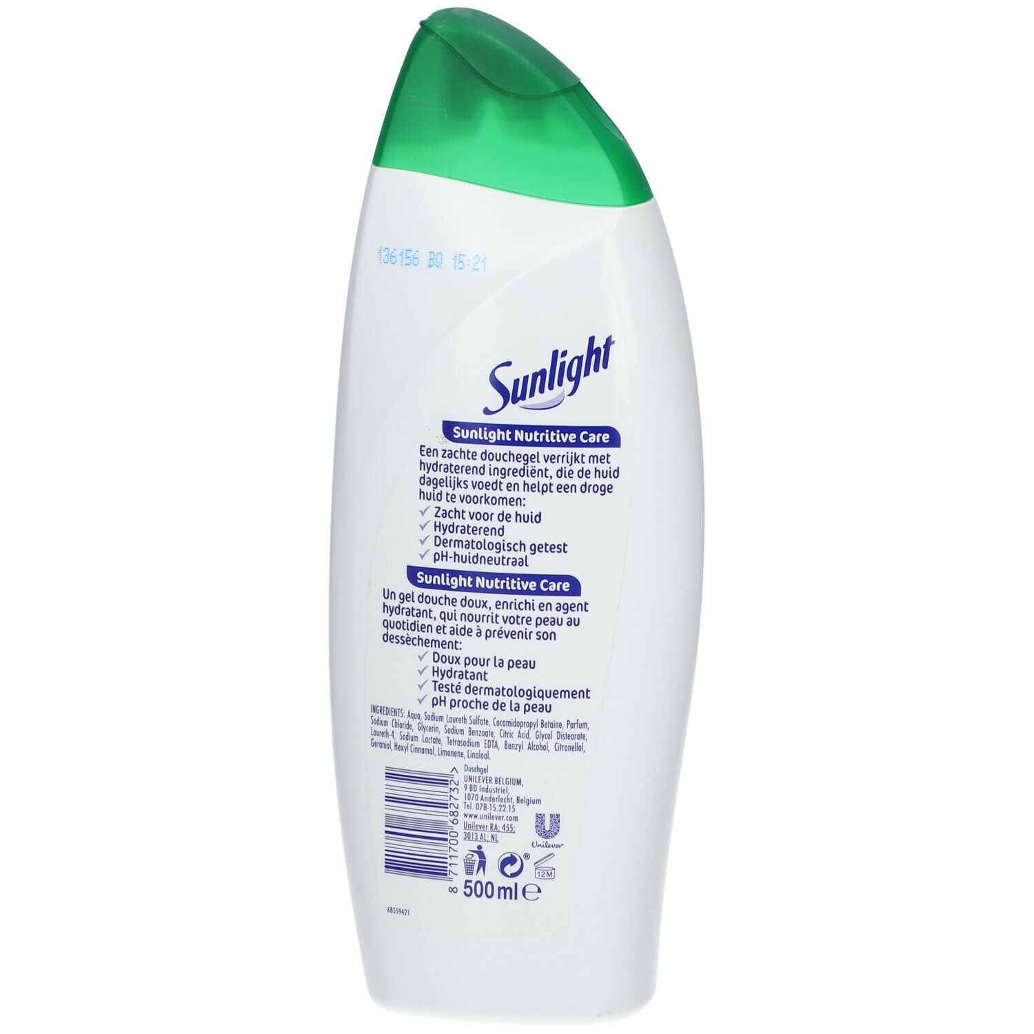 Witte fles met groene dop. Opschrift Sunlight Nutritive Care. Inhoud 500ml.
