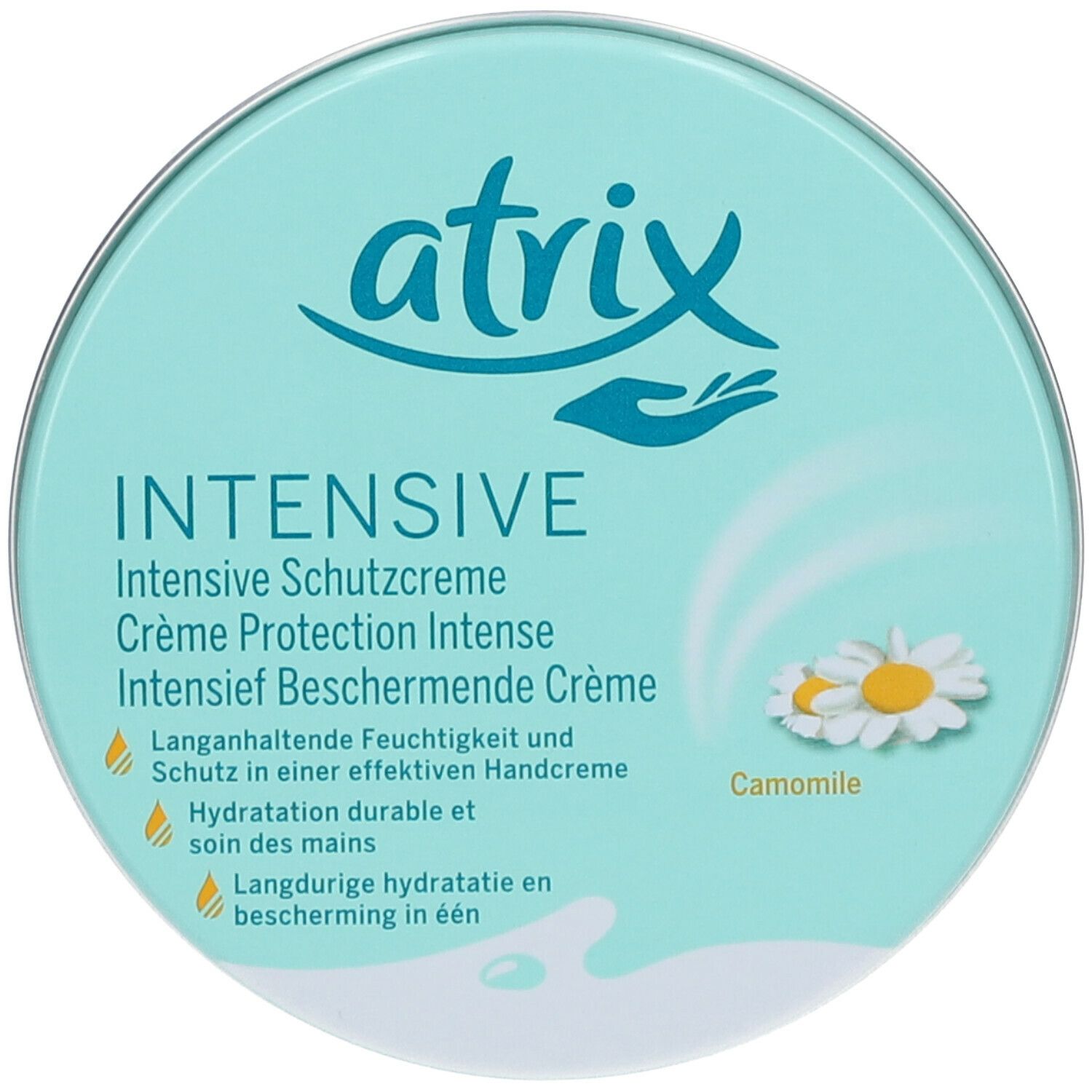 Ronde doos atrix® INTENSIVE. Turquoise, met tekst en kamillebloem. Deksel met productinfo.