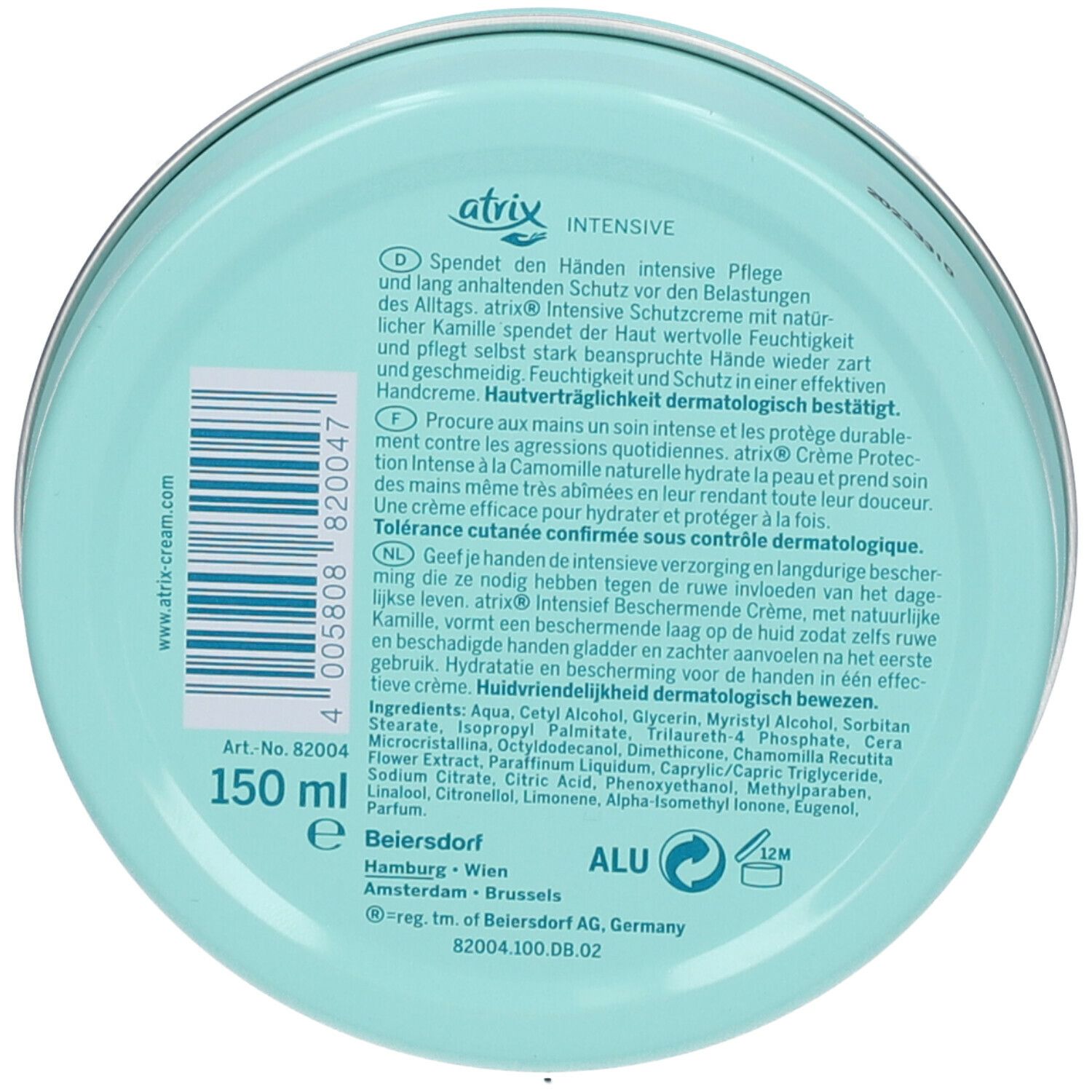 Achterkant van de doos atrix® INTENSIVE. Turquoise, met tekst en ingrediënten. 150 ml, art.nr. 82004.